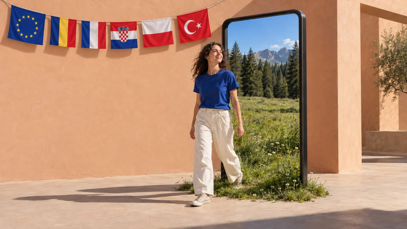 A young woman steps out of a phone-shaped doorway into a sunlit courtyard. EU, Romanian, French, Croatian, Polish and Turkish flags hang above.